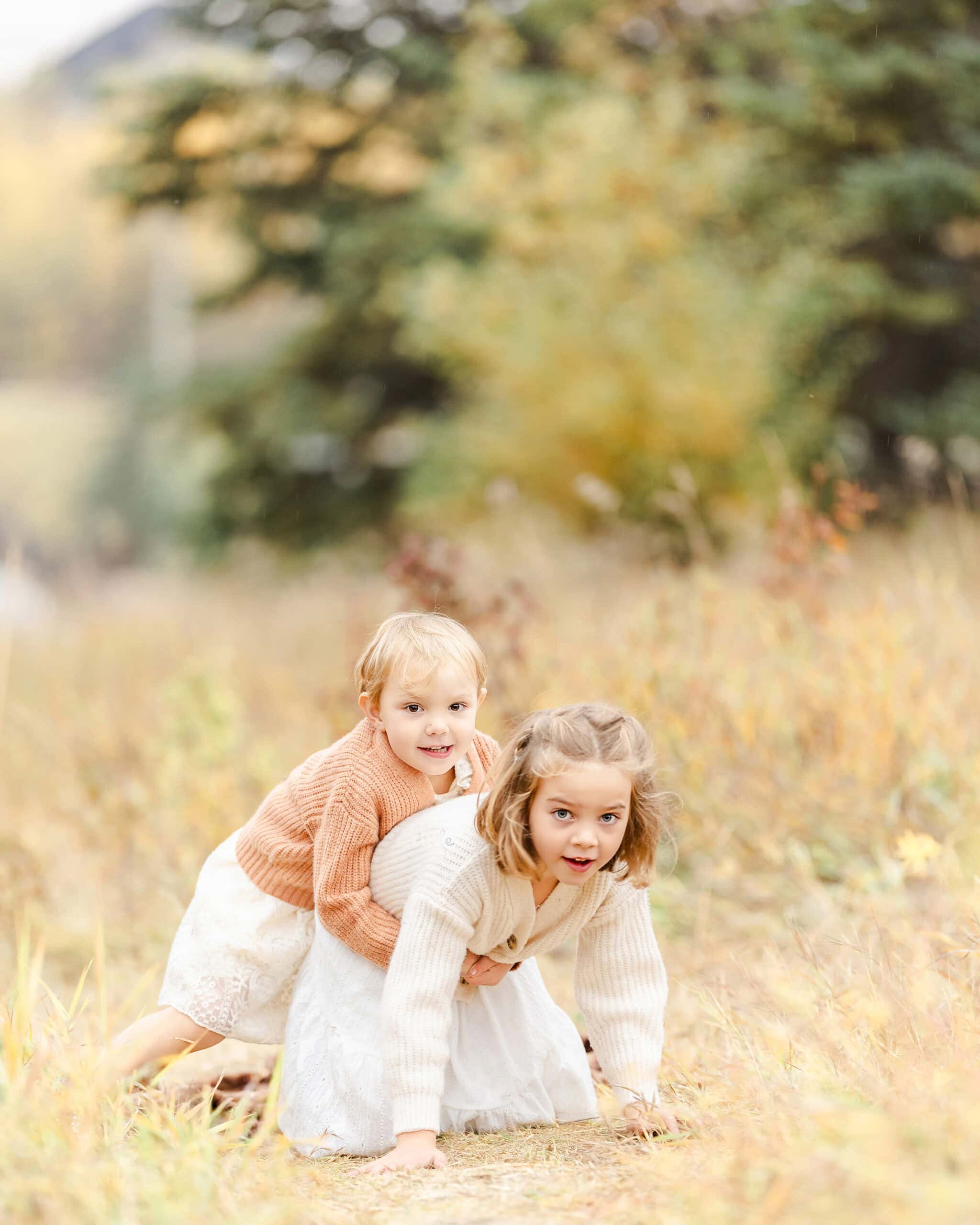 siblings play in fall Edmonton park for a family photoshoot