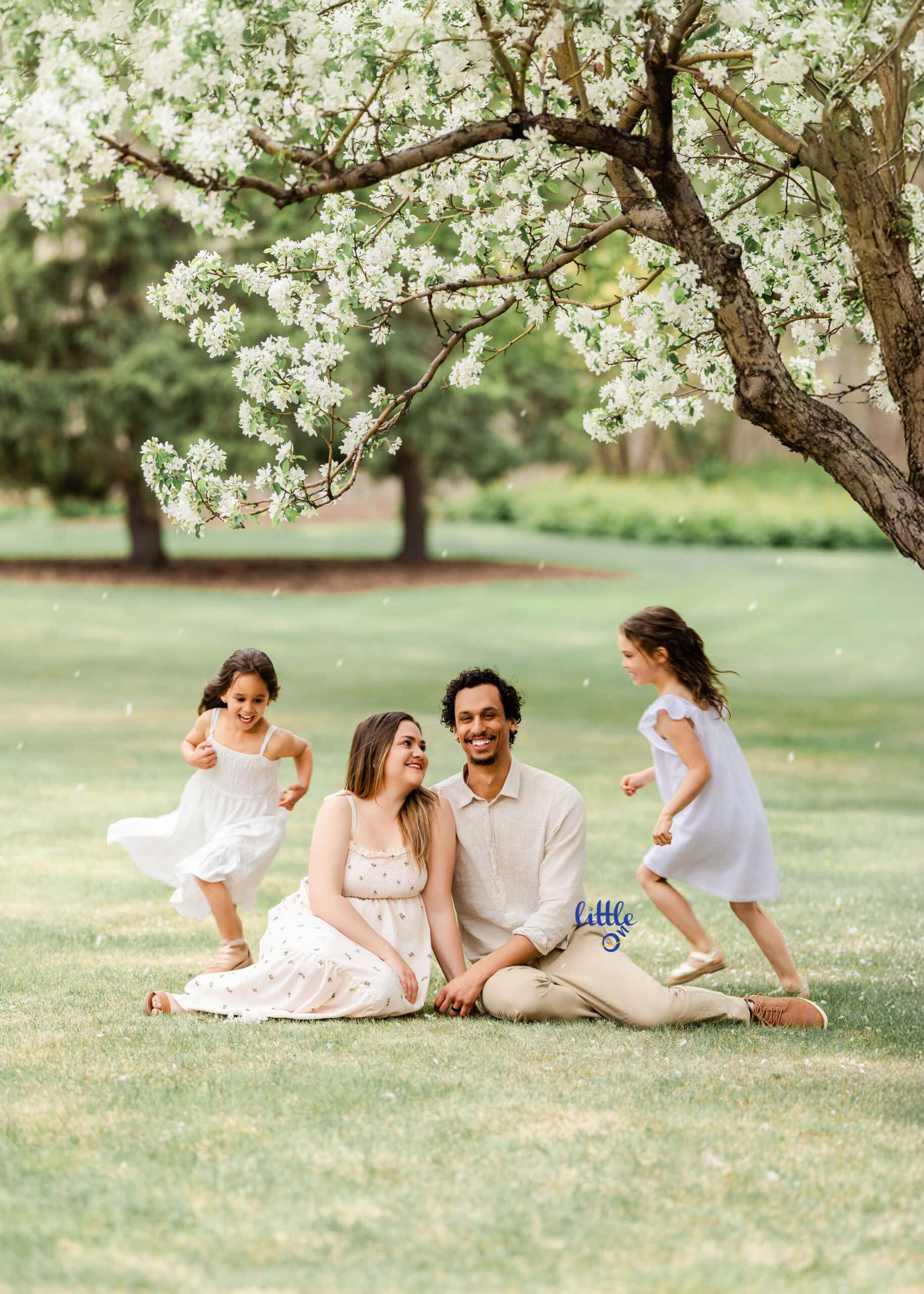 Parents sit under a flower tree and with their 2 kids running around with them in Edmonton spring family photography