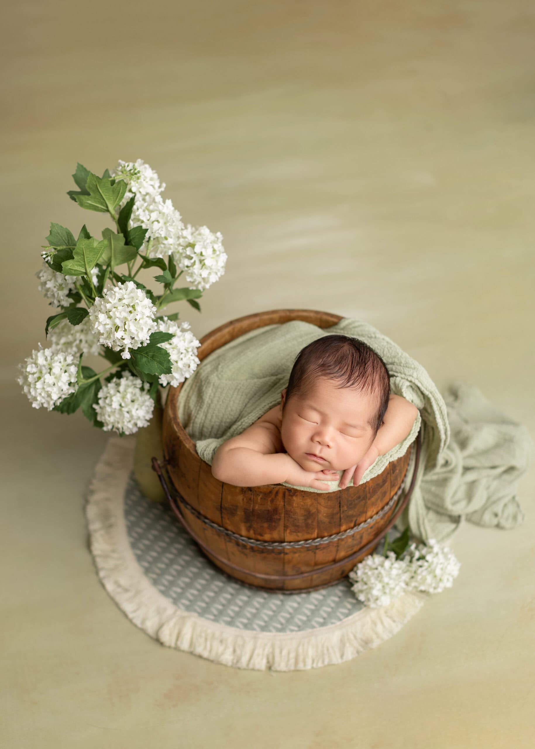 newborn baby taking pictures in greeny prop in EDmonton