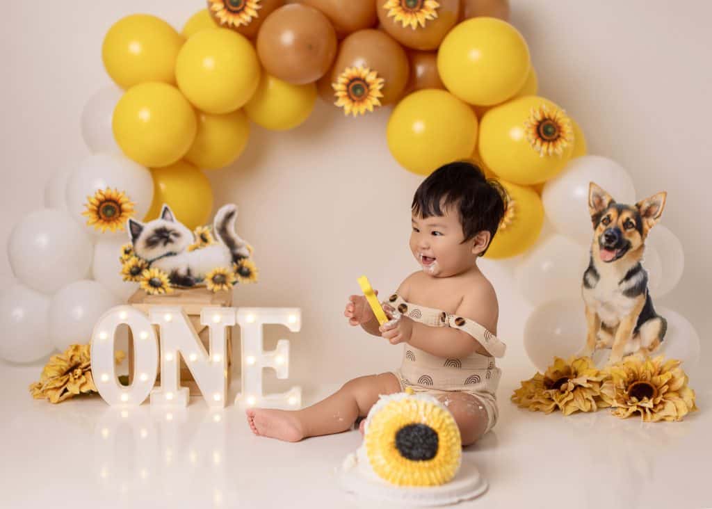 Cake smash photo for a baby boy with yellow balloons, dog, and a flower cake from Little One Photography