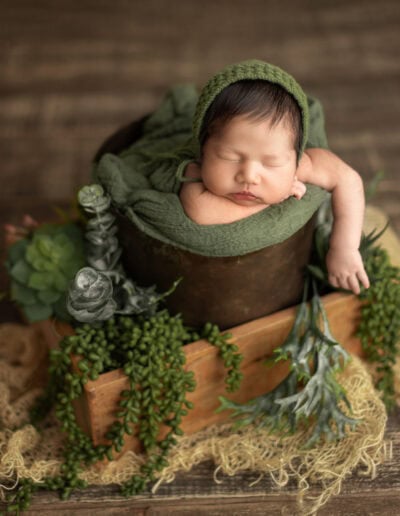 Newborn baby boy taking photos in a greeny set up in Edmonton