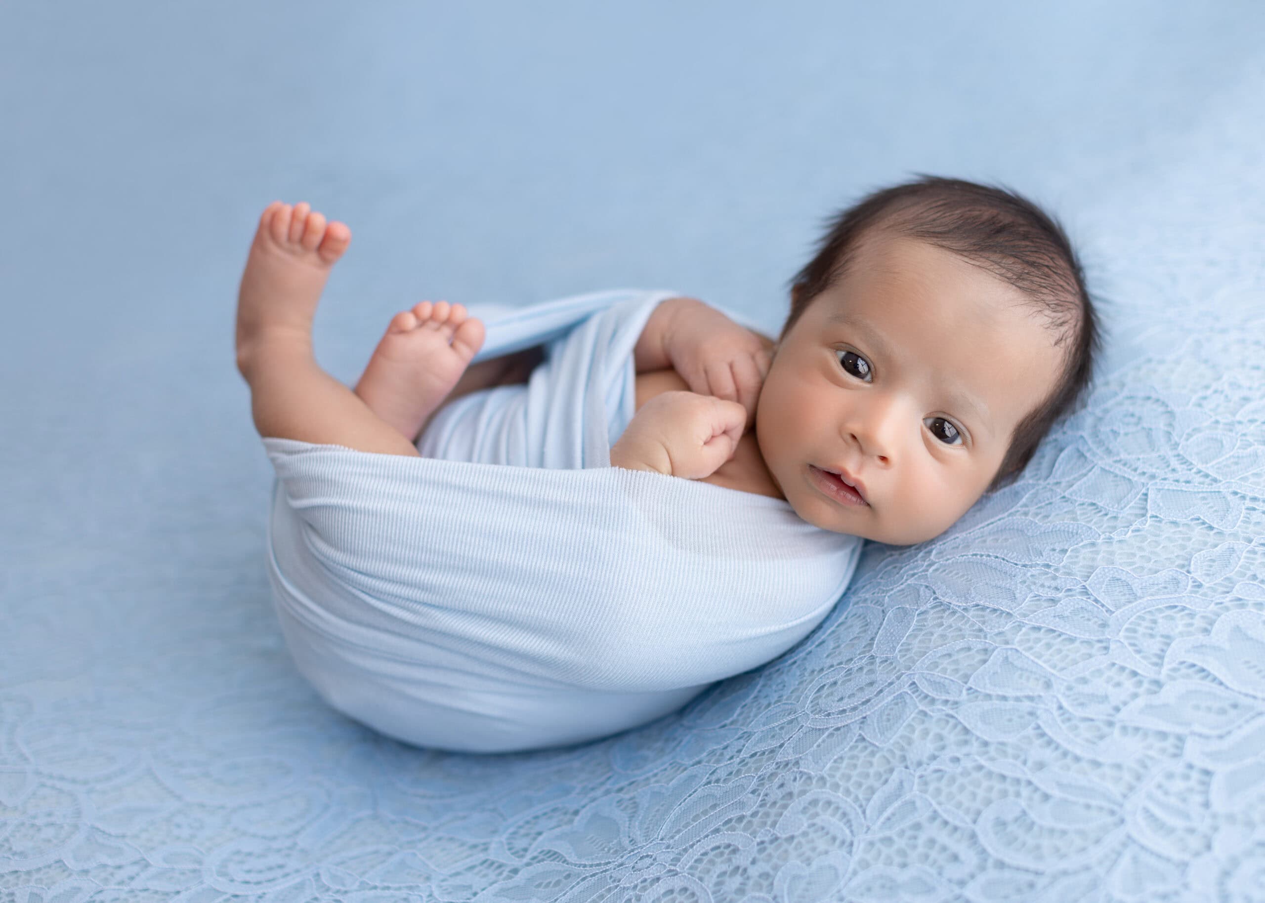 edmonton newborn photography with a baby girl in blue blanket for a clean and timeless look