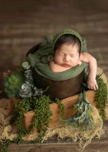 Edmonton newborn photography for Baby in green plant set
